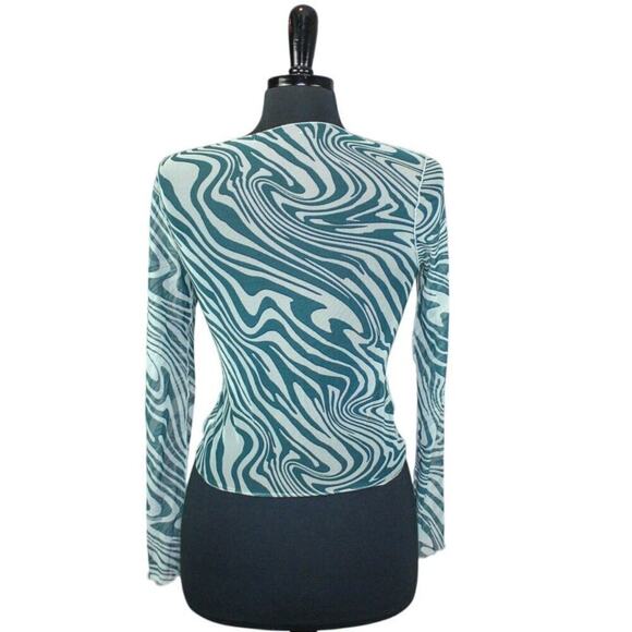 Sheer Transparent Mesh Top Green Swirl Long Sleeve Grunge Y2K Indie - Picture 2 of 2